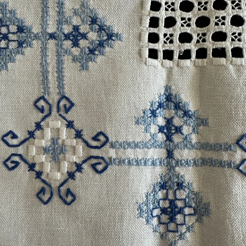 Vintage Hardanger Hand Embroidered Linen Tablecloth Blue White Square 32x32
